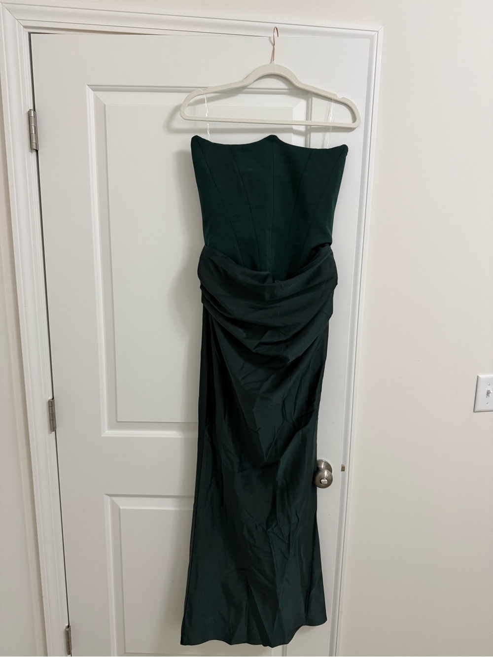 Strapless Forest Green Draped Evening Gown